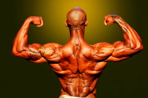 Antony Bessala de dos en double biceps, fond de studio olive et or