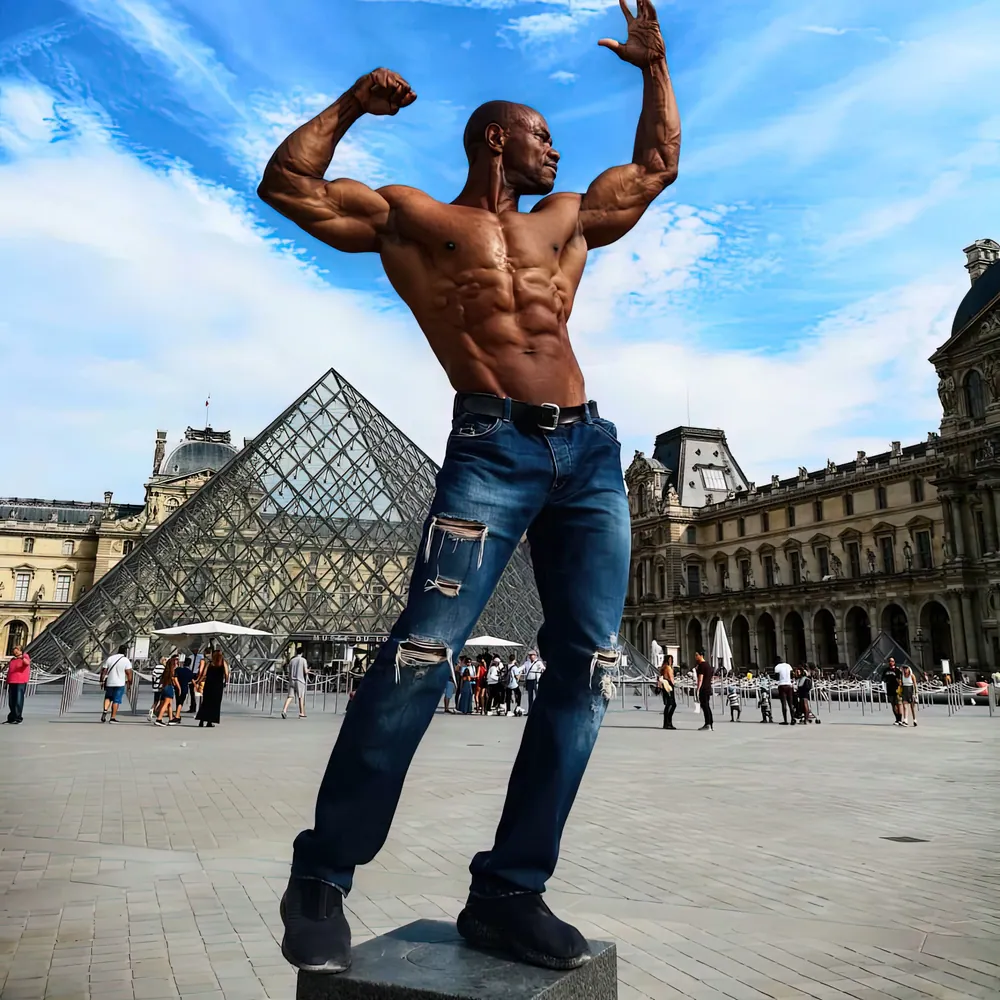 Antony Bessala posing in front of the Louvre pyramid, Paris